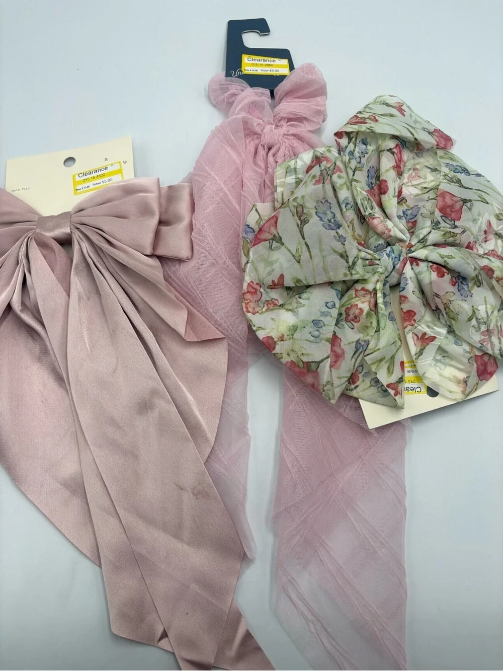 3 Pc Oversized Bow Hair Clip Lot Pink Satin Tulle Floral Long Tail Barrettes